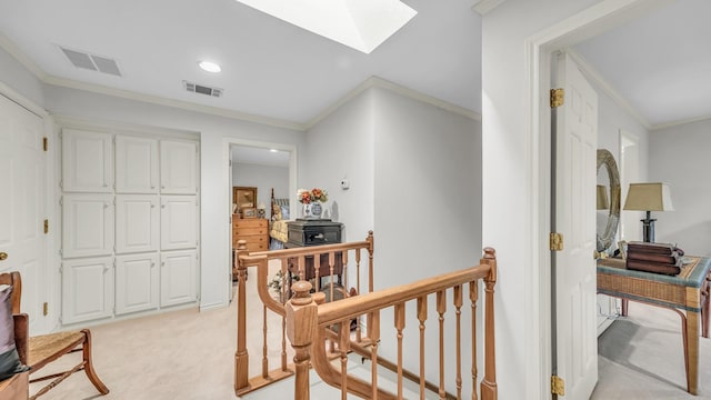 4708 Shady Ridge Ct, Fort Worth, TX 76109 - hall with a skylight, an upstairs landing, light colored carpet, crown molding, and recessed lighting