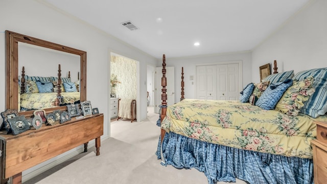 4708 Shady Ridge Ct, Fort Worth, TX 76109 - bedroom with light carpet, a closet, and recessed lighting