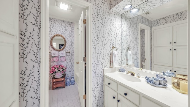 4708 Shady Ridge Ct, Fort Worth, TX 76109 - bathroom with wallpapered walls, vanity, and tile patterned flooring