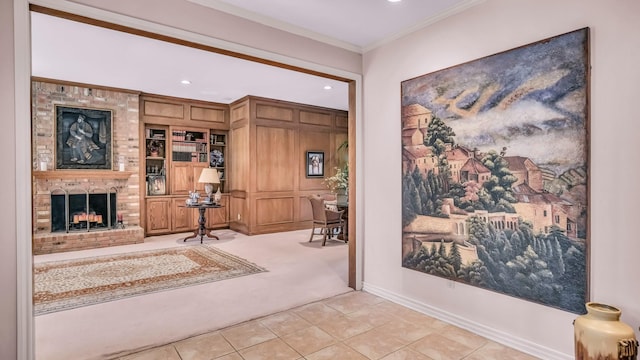 4708 Shady Ridge Ct, Fort Worth, TX 76109 - carpeted entrance foyer with tile patterned flooring, a brick fireplace, recessed lighting, crown molding, and baseboards