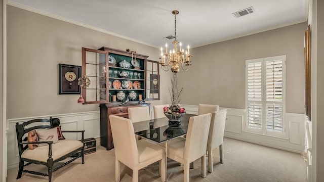 4708 Shady Ridge Ct, Fort Worth, TX 76109 - dining space featuring a chandelier, light carpet, ornamental molding, a decorative wall, and wainscoting