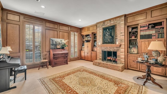 4708 Shady Ridge Ct, Fort Worth, TX 76109 - carpeted living room with built in shelves, a brick fireplace, and recessed lighting