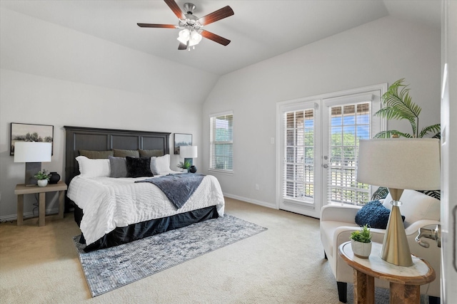 2451 S Gate Dr, Richardson, TX 75080 - bedroom with vaulted ceiling, access to outside, carpet floors, baseboards, and a ceiling fan