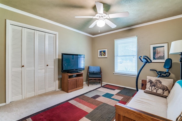5501 Kara Ln, Parker, TX 75002 - living room with ceiling fan, ornamental molding, and a textured ceiling