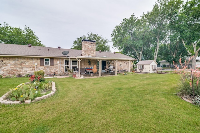 5501 Kara Ln, Parker, TX 75002 - rear view of house featuring a patio area, a chimney, outdoor lounge area, brick siding, and a shingled roof