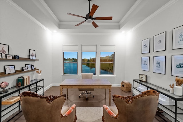 7800 Kentmere, The Colony, TX 75056 - office area with a ceiling fan, a tray ceiling, ornamental molding, and baseboards
