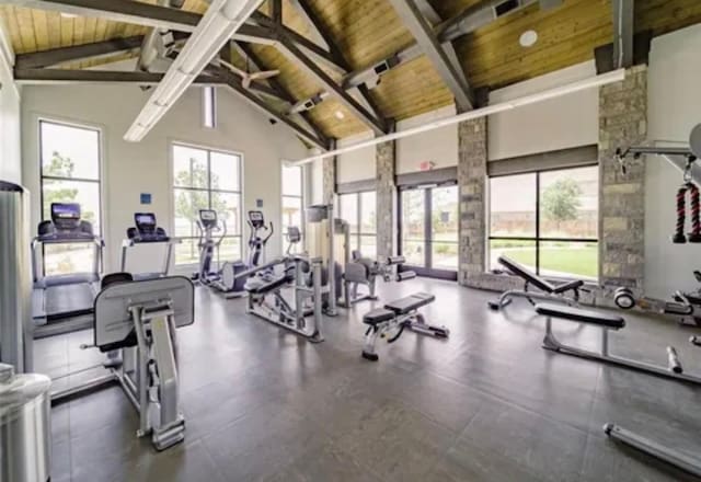 7800 Kentmere, The Colony, TX 75056 - exercise room featuring wood ceiling with exposed beams and high vaulted ceiling