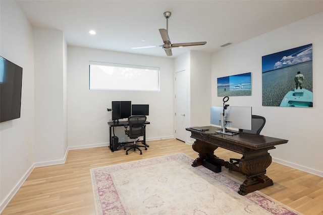 6420 Azalea Ln, Dallas, TX 75230 - office area with light wood finished floors, ceiling fan, baseboards, and recessed lighting