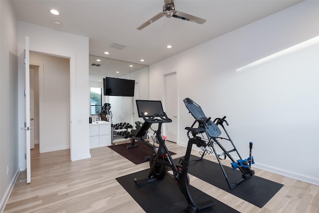 6420 Azalea Ln, Dallas, TX 75230 - workout area with light wood-style floors, baseboards, ceiling fan, and recessed lighting