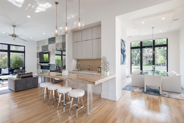 6420 Azalea Ln, Dallas, TX 75230 - kitchen with open floor plan, recessed lighting, light wood-type flooring, a kitchen bar, and modern cabinets