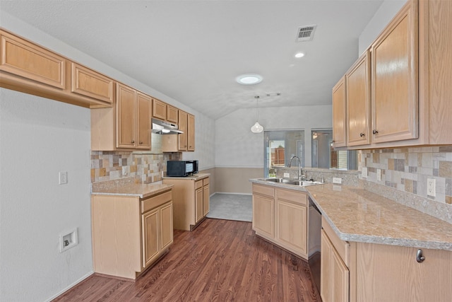 1100 Cedarcrest Dr, Mesquite, TX 75149 - kitchen with a sink, black microwave, a peninsula, vaulted ceiling, and light brown cabinetry