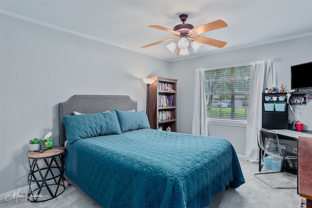 9804 W Trails End, Shreveport, LA 71118 - bedroom with carpet floors, ornamental molding, and a ceiling fan
