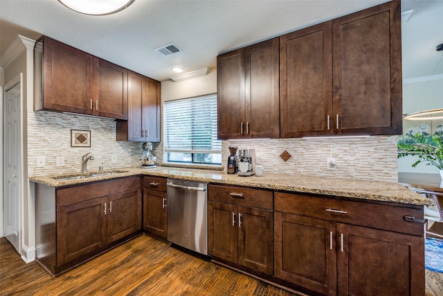 6616 Elvedon Dr, Dallas, TX 75248 - kitchen with stainless steel dishwasher, a sink, ornamental molding, dark wood-style floors, and backsplash