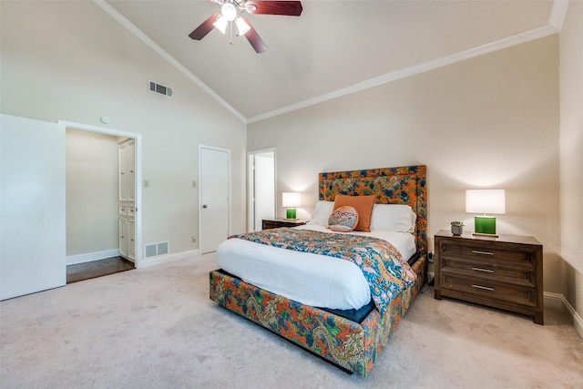 6616 Elvedon Dr, Dallas, TX 75248 - carpeted bedroom featuring ornamental molding, baseboards, a ceiling fan, and high vaulted ceiling