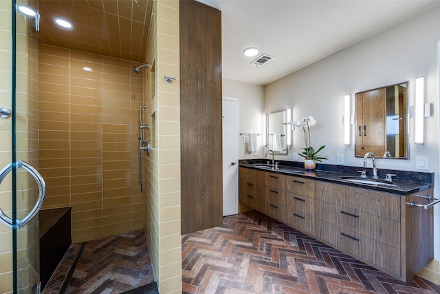 6616 Elvedon Dr, Dallas, TX 75248 - full bath with a tile shower, double vanity, recessed lighting, and brick flooring