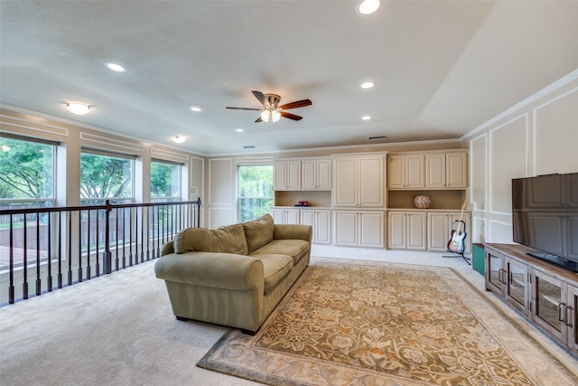 6616 Elvedon Dr, Dallas, TX 75248 - living room featuring a decorative wall, ceiling fan, light colored carpet, and recessed lighting