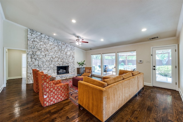 6616 Elvedon Dr, Dallas, TX 75248 - living area featuring wood finished floors, crown molding, a ceiling fan, a fireplace, and plenty of natural light