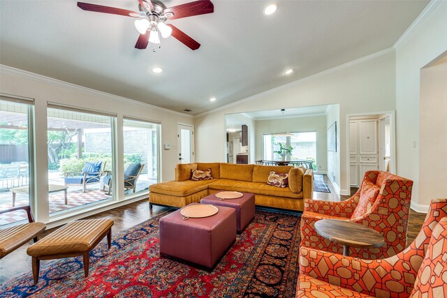 6616 Elvedon Dr, Dallas, TX 75248 - living room featuring vaulted ceiling, a ceiling fan, wood finished floors, ornamental molding, and recessed lighting
