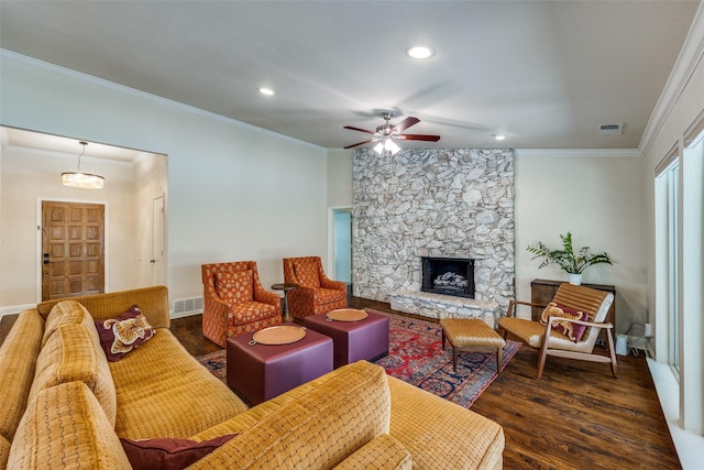 6616 Elvedon Dr, Dallas, TX 75248 - living area featuring crown molding, a ceiling fan, recessed lighting, wood finished floors, and a fireplace