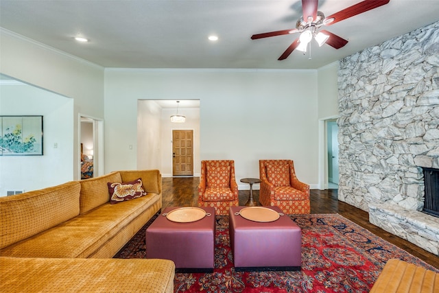 6616 Elvedon Dr, Dallas, TX 75248 - living area featuring hardwood / wood-style floors, crown molding, a ceiling fan, a stone fireplace, and recessed lighting