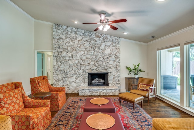 6616 Elvedon Dr, Dallas, TX 75248 - living area featuring wood finished floors, ceiling fan, crown molding, and a fireplace