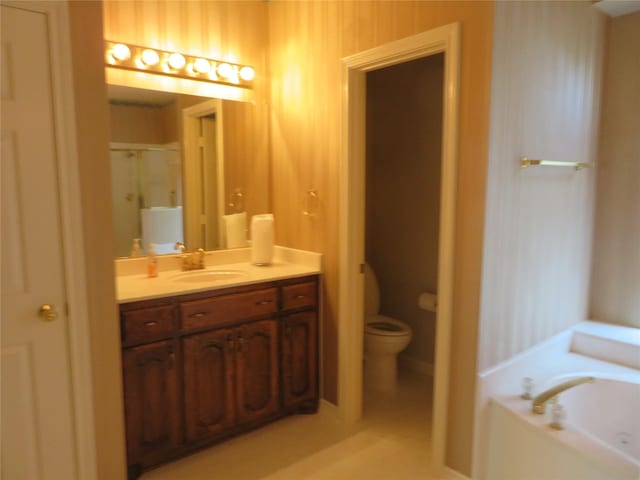 1501 Mountain Laurel Ln, Desoto, TX 75115 - bathroom featuring a garden tub, vanity, toilet, and a shower