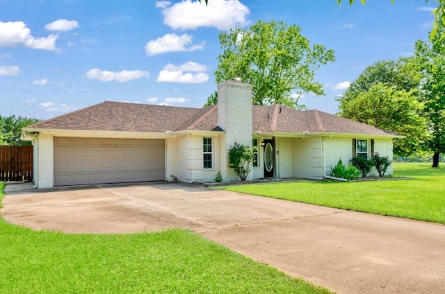 6650 Pine Mill Rd, Reno, TX 75462 - single story home featuring a chimney, a garage, driveway, brick siding, and a shingled roof