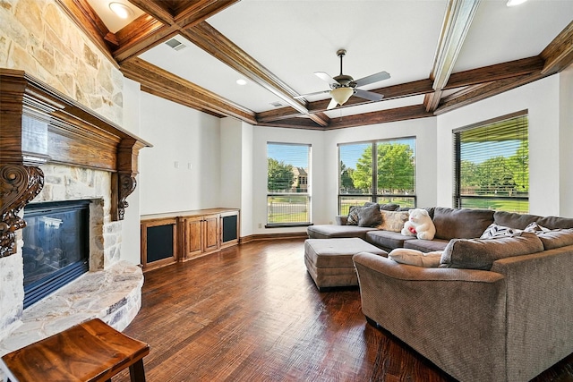 49 Pristine Pond Dr, Frisco, TX 75034 - living area featuring coffered ceiling, a fireplace, dark wood-style floors, ceiling fan, and beam ceiling