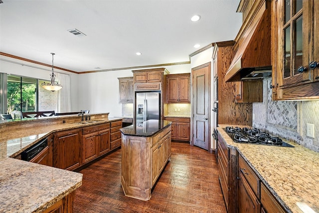 49 Pristine Pond Dr, Frisco, TX 75034 - kitchen featuring stainless steel fridge with ice dispenser, crown molding, custom exhaust hood, a center island, and dark wood-type flooring