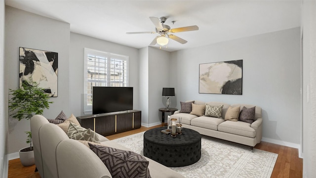 3901 Travis St Unit 230, Dallas, TX 75204 - living room with a ceiling fan, wood finished floors, and baseboards