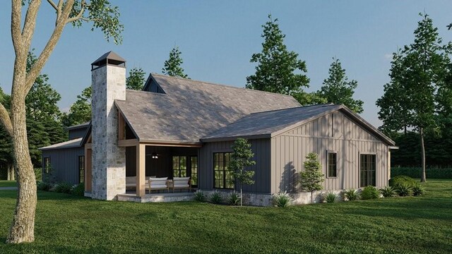 1177 Calk Rd, Tioga, TX 76271 - rear view of house with a yard, a chimney, board and batten siding, and a shingled roof