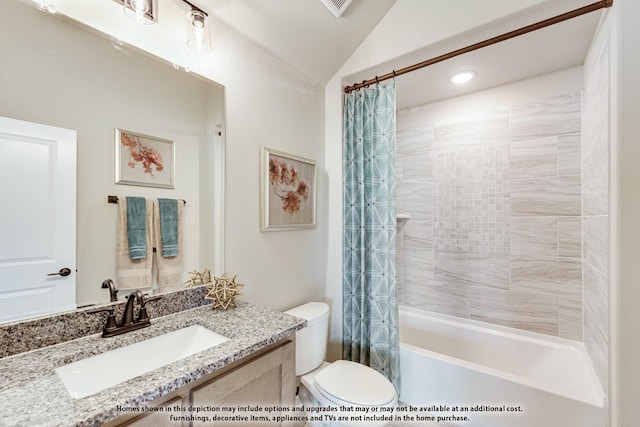 404 Atlas Cedar Dr, Glenn Heights, TX 75154 - bathroom with toilet, shower / tub combo, vanity, and vaulted ceiling
