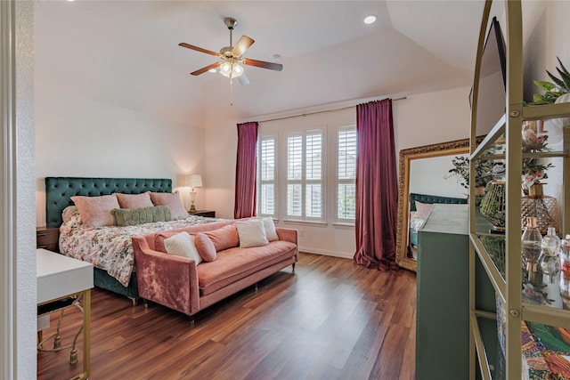 4300 Round Valley Ln, Fort Worth, TX 76262 - bedroom with wood finished floors, recessed lighting, vaulted ceiling, a ceiling fan, and baseboards