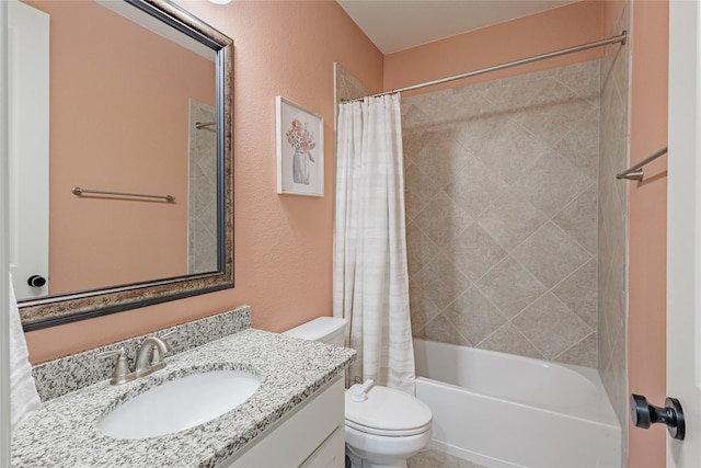 4300 Round Valley Ln, Fort Worth, TX 76262 - full bathroom featuring toilet, vanity, shower / tub combo with curtain, and a textured wall