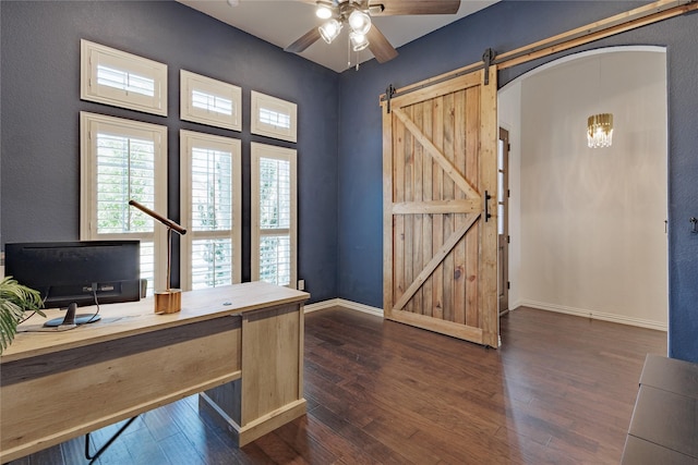 4300 Round Valley Ln, Fort Worth, TX 76262 - unfurnished office with ceiling fan, a barn door, dark wood-type flooring, baseboards, and arched walkways