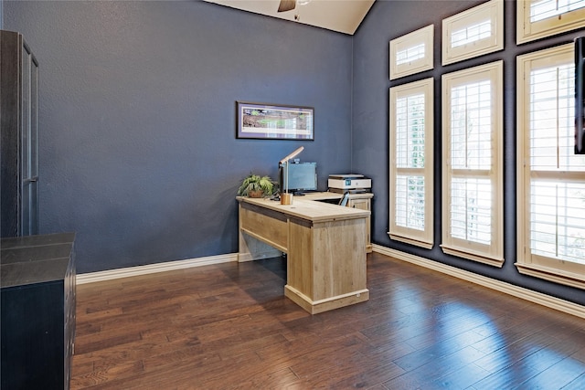 4300 Round Valley Ln, Fort Worth, TX 76262 - home office featuring healthy amount of natural light, baseboards, ceiling fan, and lofted ceiling