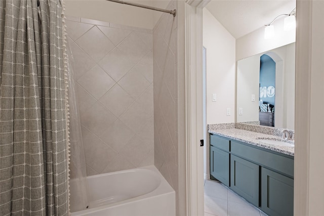 4300 Round Valley Ln, Fort Worth, TX 76262 - full bathroom featuring shower / bath combo with shower curtain, vanity, and tile patterned flooring
