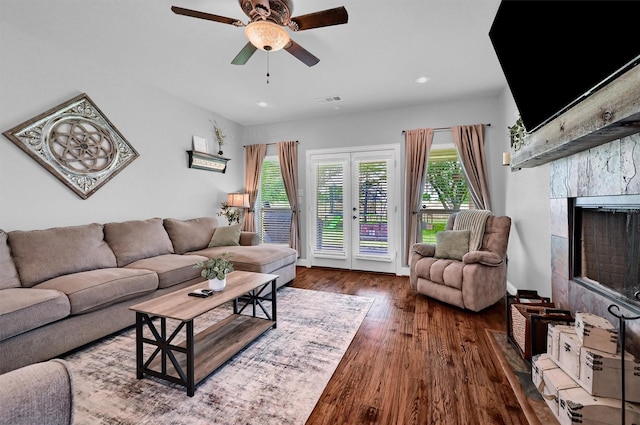 3006 Preston Club Dr, Sherman, TX 75092 - living room featuring wood finished floors, a premium fireplace, a ceiling fan, and recessed lighting