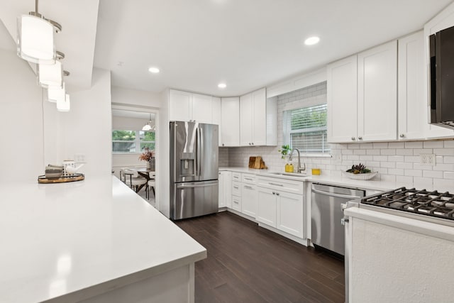10328 Countess Dr, Dallas, TX 75229 - kitchen featuring stainless steel appliances, light countertops, dark wood-type flooring, healthy amount of natural light, and recessed lighting
