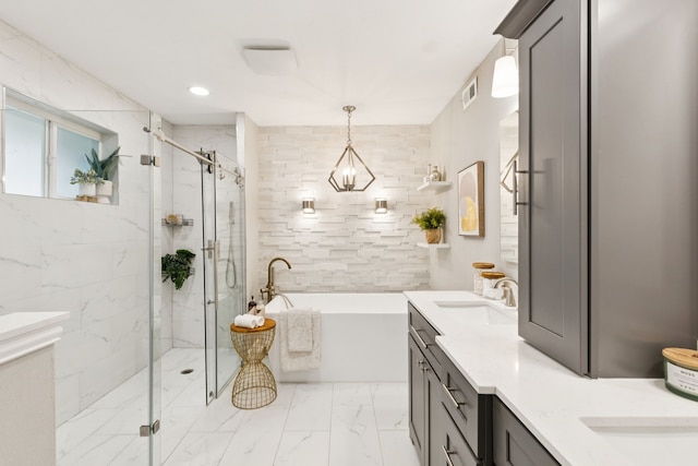 10328 Countess Dr, Dallas, TX 75229 - bathroom with a bath, a marble finish shower, double vanity, and marble look tile flooring