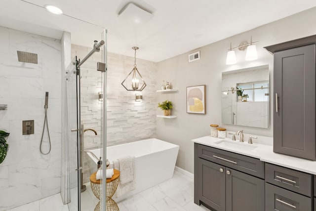 10328 Countess Dr, Dallas, TX 75229 - full bath featuring marble look tiles, a marble finish shower, a freestanding bath, and vanity