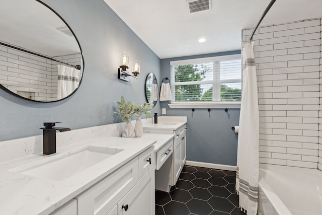 10328 Countess Dr, Dallas, TX 75229 - bathroom with double vanity, tile patterned floors, shower / bathtub combination with curtain, and recessed lighting