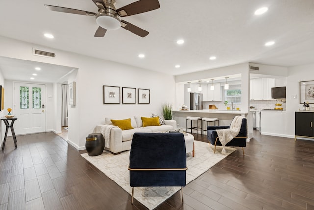 10328 Countess Dr, Dallas, TX 75229 - living room with recessed lighting, dark wood finished floors, and a ceiling fan