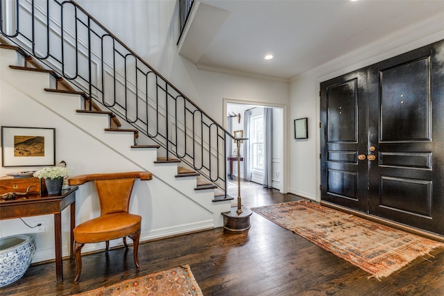 4205 Bryn Mawr Dr, University Park, TX 75225 - entryway featuring baseboards, stairs, crown molding, wood finished floors, and recessed lighting
