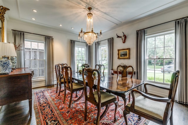 4205 Bryn Mawr Dr, University Park, TX 75225 - dining room featuring healthy amount of natural light, crown molding, dark wood-style floors, a chandelier, and recessed lighting
