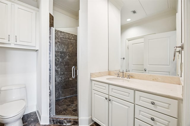 4240 Prescott Ave Unit 5B, Dallas, TX 75219 - bathroom with ornamental molding, vanity, a shower stall, toilet, and baseboards