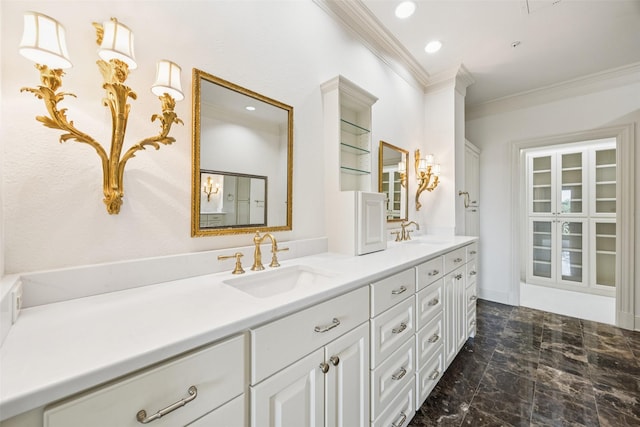 4240 Prescott Ave Unit 5B, Dallas, TX 75219 - full bath featuring ornamental molding, double vanity, marble finish flooring, and recessed lighting