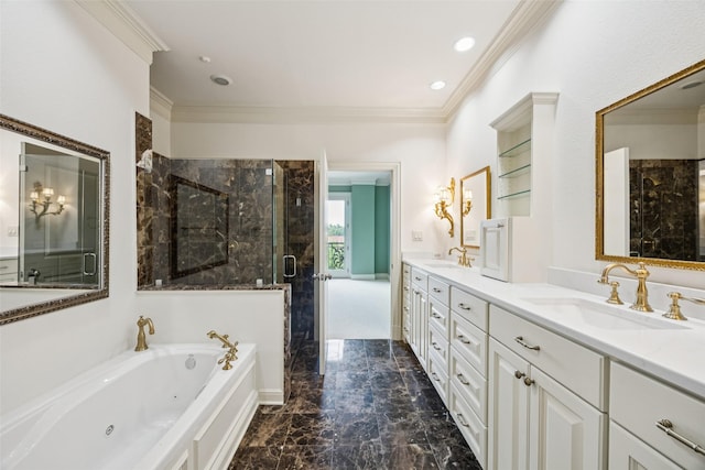 4240 Prescott Ave Unit 5B, Dallas, TX 75219 - full bathroom featuring marble tiled flooring, double vanity, a tub with jets, a stall shower, and ornamental molding