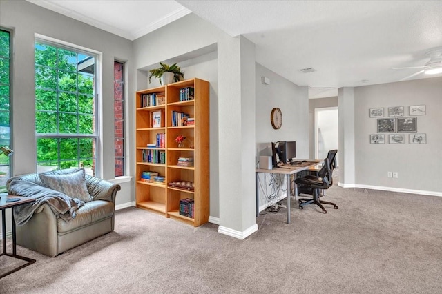 1516 Stonehill Ct, Allen, TX 75002 - home office with carpet, baseboards, crown molding, and ceiling fan