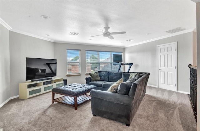 1516 Stonehill Ct, Allen, TX 75002 - living area featuring carpet flooring, a ceiling fan, ornamental molding, baseboards, and a textured ceiling